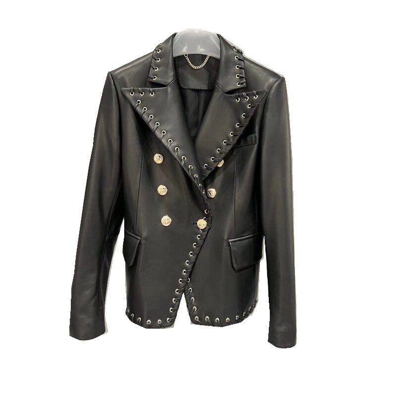 new women's sheepskin leather jacket short leather motorcycle jacket Hand bandage skirt trench coat