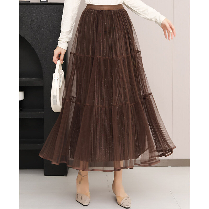 Damen Sommer Vintage lange Mode Midi Maxi Röcke weibliche hohe Taille Streetwear Mesh Rock Damen Falten eleganten Rock Q947