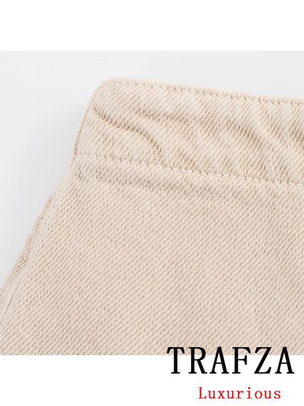 TRAFZA-تنورة شورت جينز كاجوال عتيقة للنساء ، موضة أنيقة ، أحادية اللون ، سحاب ، أزرار ، الصيف ، من TRAFZA