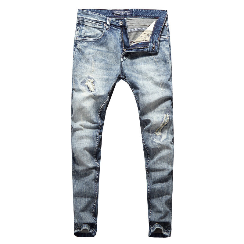 Projektant mody męskie jeansy Retro szary niebieski Slim Fit Stretch porwane jeansy męskie Patchwork Vintage elastyczne casualowe spodnie jeansowe Hombre