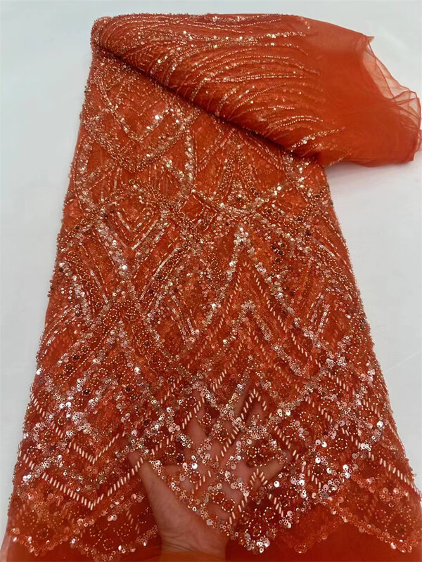 Kain renda 3D mewah 5 yard Dubai kain renda Tulle manik-manik tangan payet bordir kain Nigeria Afrika untuk menjahit