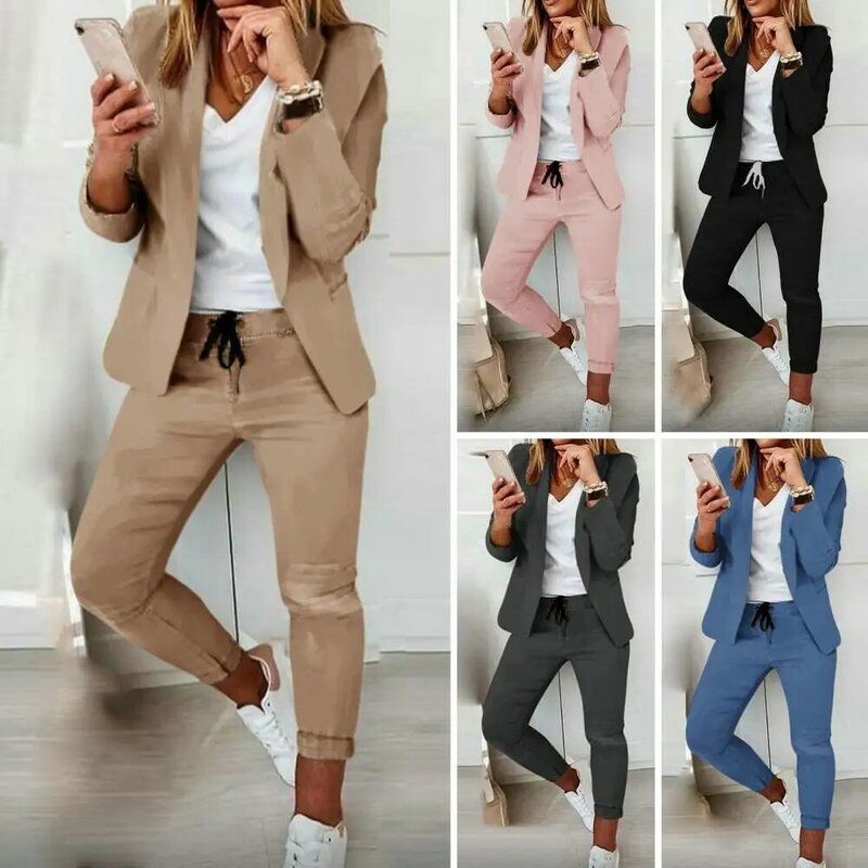 2 teile/satz Frauen Mantel Hosen Set Business Set einfarbig Kordel zug elastische Taille Revers Slim Fit Hosen Blazer Hosen Anzug