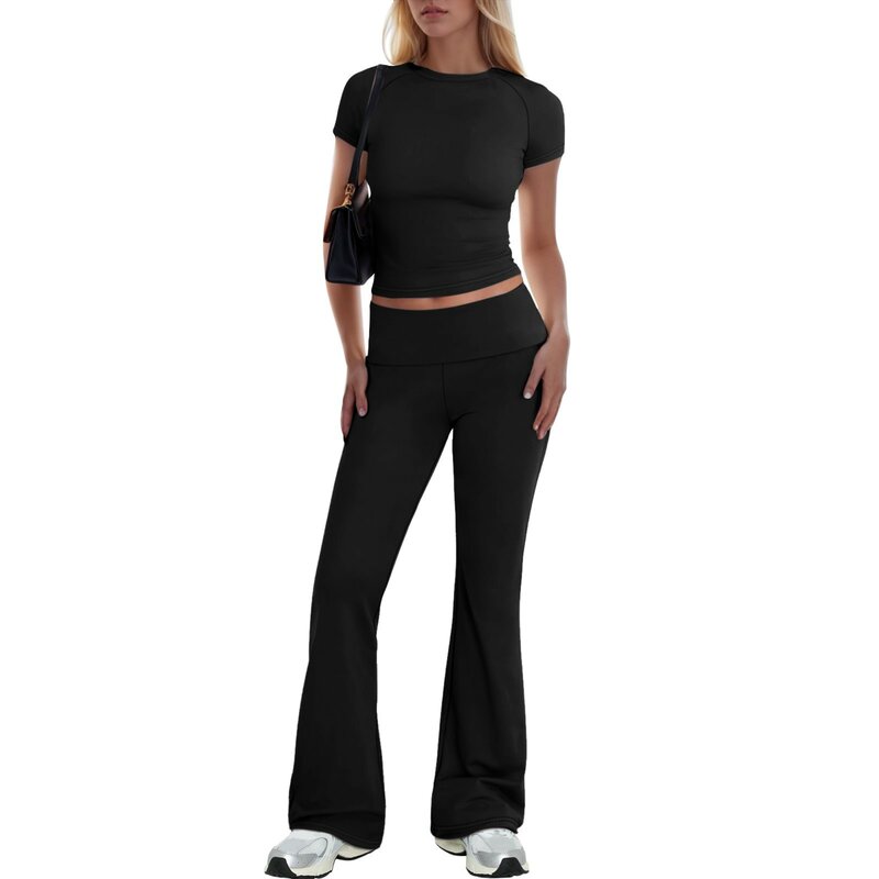 Leisure Fold Over Pants Suit Women Crew Long Sleeve Slim Crop Top Flare Pants Sports Causal Set Hottie Autumn Streetwear