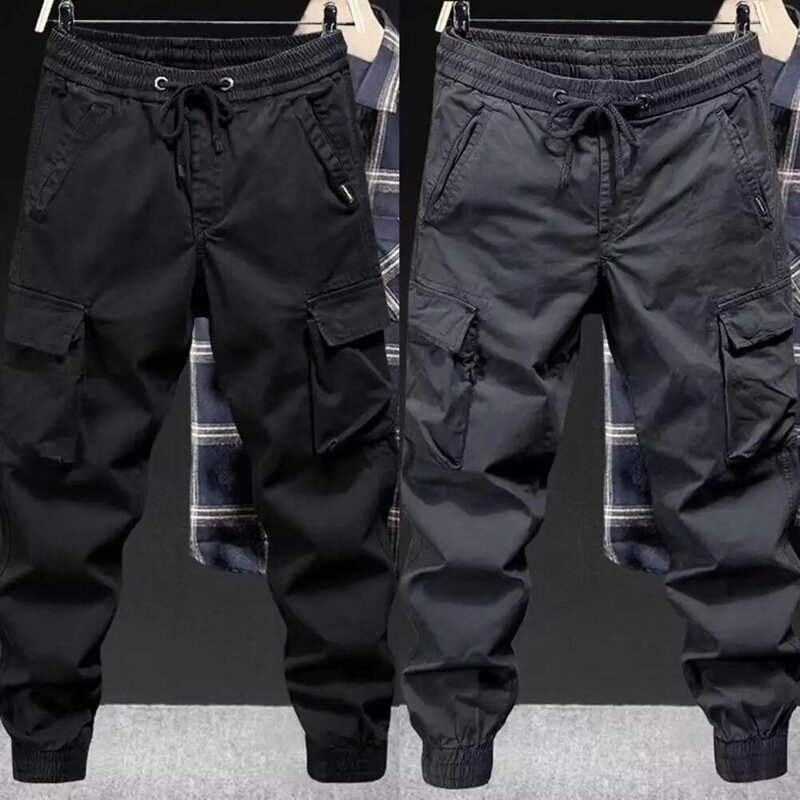 Drawstring Casual Pants Men's Cargo Pants with Drawstring Elastic Waist Multiple Pockets Ankle-banded Design for Daily Sports