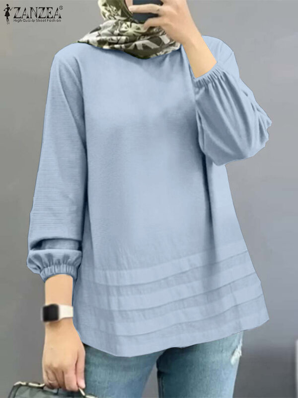 ZANZEA blus kerja lengan panjang wanita elegan musim semi 2024 atasan modis Muslim kemeja kasual longgar Solid Dubai Turki Abaya blus