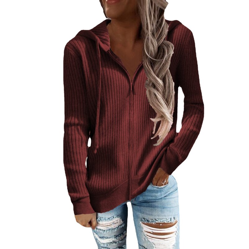 Jesienno-zimowe damskie rozpinany sweter swetry z kapturem damskie Vintage luźna odzież wierzchnia z długim rękawem w jednolitym kolorze