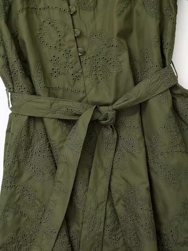 Mini robe rétro à col en V pour femmes avec ceinture, décoration brodée, bouton à manches courtes, nouvelle mode, 2024