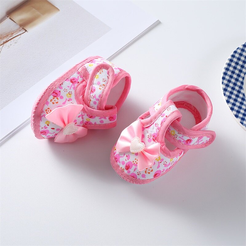 Sapatos baixos macio único bowknot flor impressão antiderrapante do bebê das meninas, interior, exterior, criança