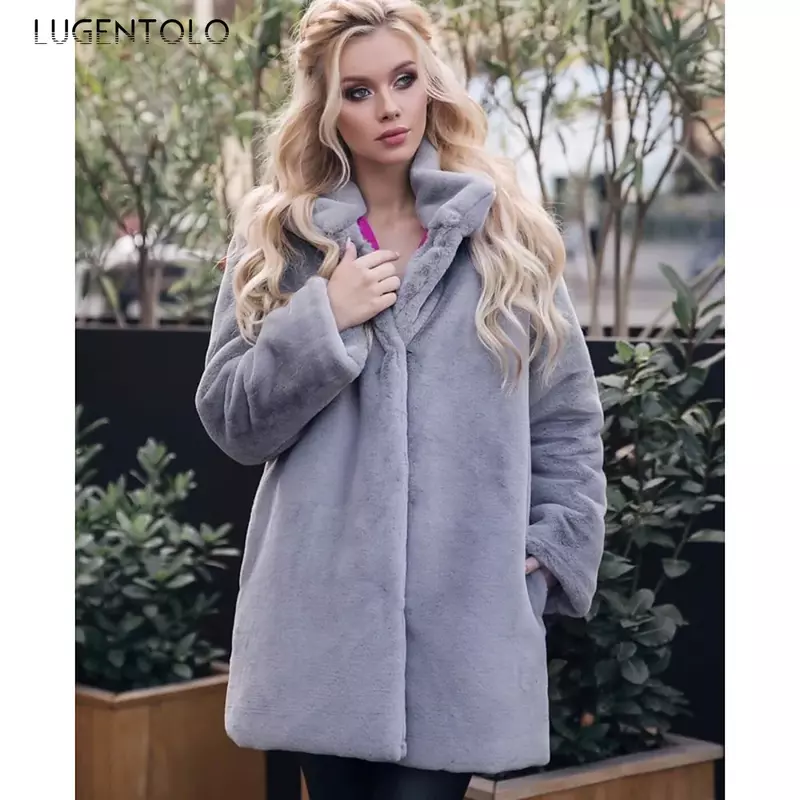 여성용 인조 모피 겨울 코트, 따뜻하고 심플한 단색 컴포트 재킷, 레이디 캐주얼 루즈 스트리트 품질 2023 천, 루젠톨로, 새로운 패션