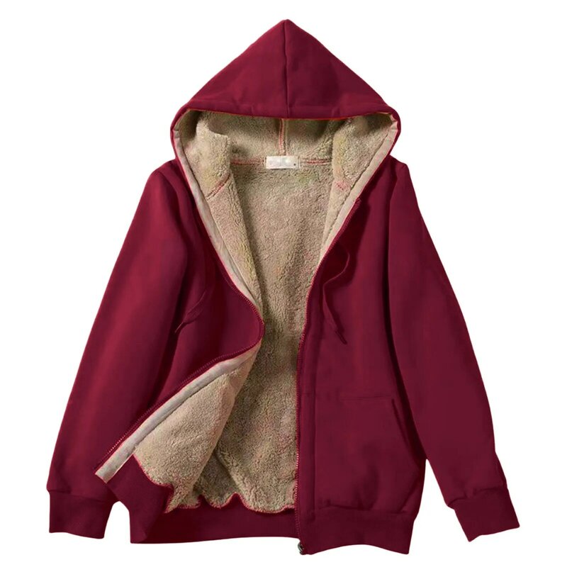 Women's Fashion Long Sleeve Zipper Hooded Plush Composite Coat With Drawstring Solid Color Plush Soft Comfortable Overcoat