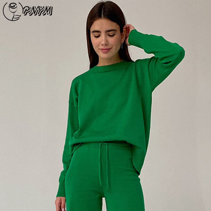 PNYM Women Spring Autumn Outfits Casual Solid Sweater Pullover Set High Waist Flare Pants Suits Knitted Womens Y2k 2 Piece Set