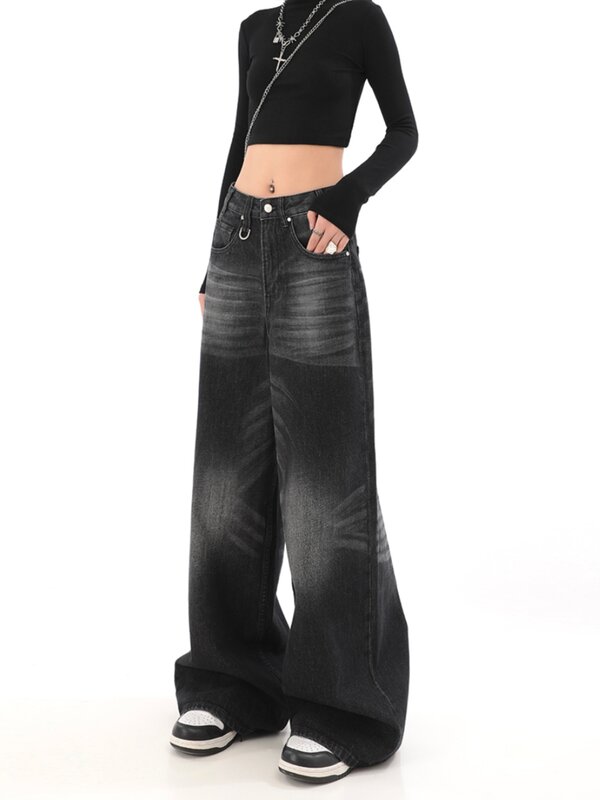 Jeans pretos largos para mulheres, vintage, grunge, cintura alta, calças jeans, perna larga, grandes dimensões, streetwear feminino, moda coreana, Y2k