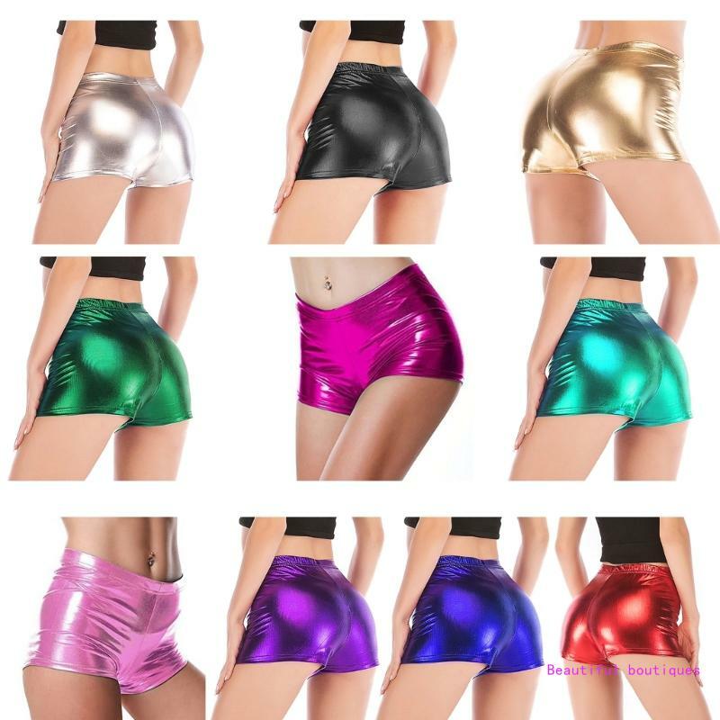 Ladies Fashion Glitter Faux Leather Shorts Dance Mini Shorts Metallic Elastic Waist Hot Pant Rave Party Club Bottoms DropShip