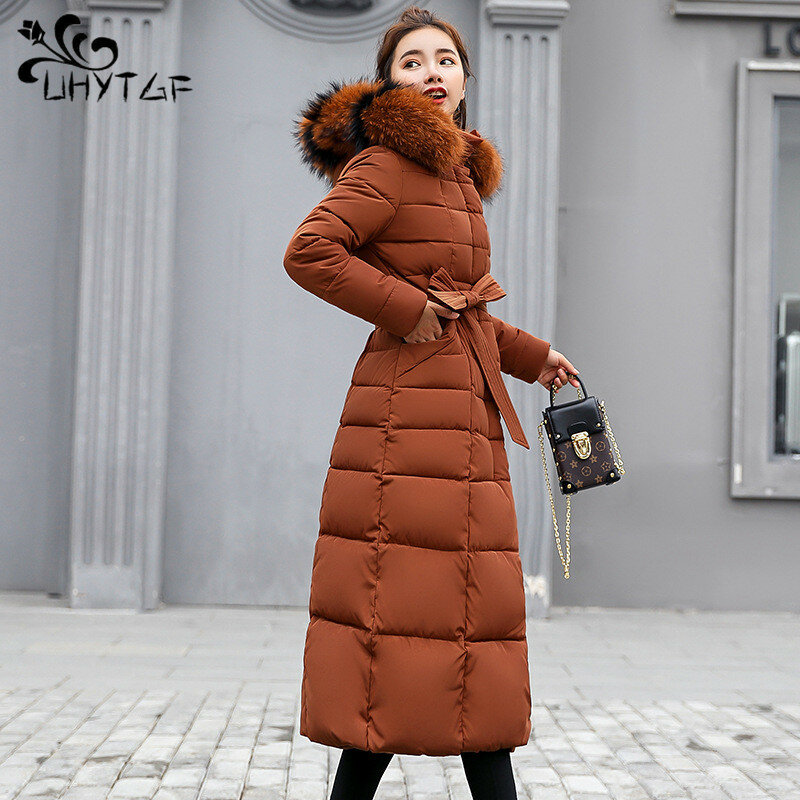 UHYTGF 2024 Winter Jacket Women's Warm Parkas Fashion Bow Belt Fox Fur Collar Long Coat Women's Oversize Vintage Thick Coat 1050