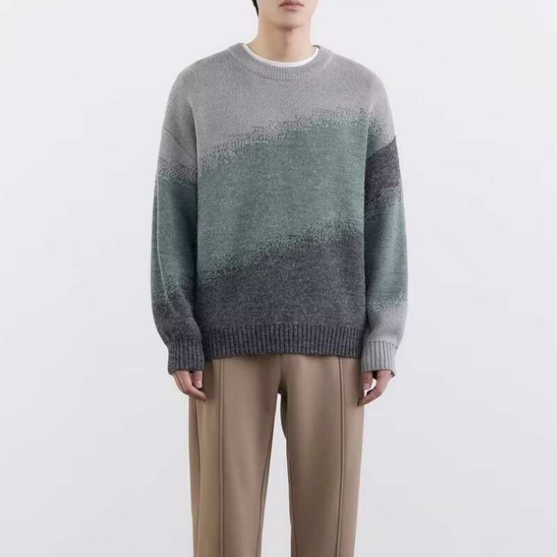 Suéteres de cor gradiente masculino, Harajuku, macio, simples, estilo de Hong Kong, desleixo, diário suave, versátil, avançado, elegante