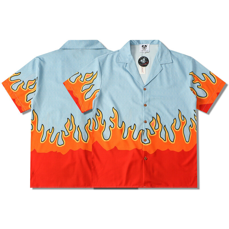 Trendyol-Chemise de plage hawaïenne à imprimé flamme pour hommes, chemises à manches courtes, vêtements de couple d'été, vintage, décontracté, nouveau