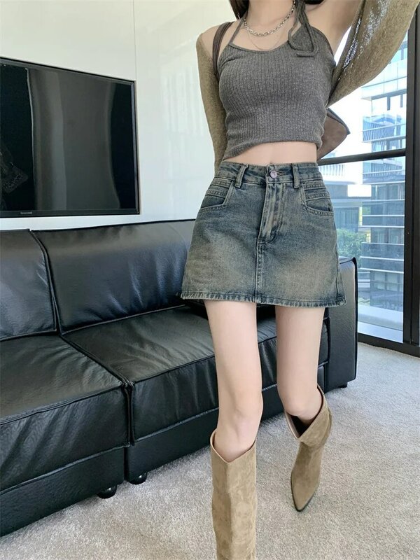 Gonne di jeans a vita alta donna Mini lavato Hip avvolto Vintage moda coreana Hot Girls Chic Y2k a-line estate Trendy Classic