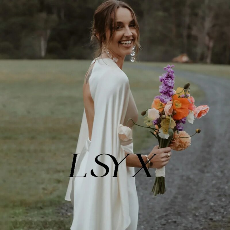 LSYX-Simples profundo V-Neck cetim vestido de casamento, longo Flare mangas, A-Line, costas abertas, até o chão, Tribunal Trem vestido de noiva, Custom Made