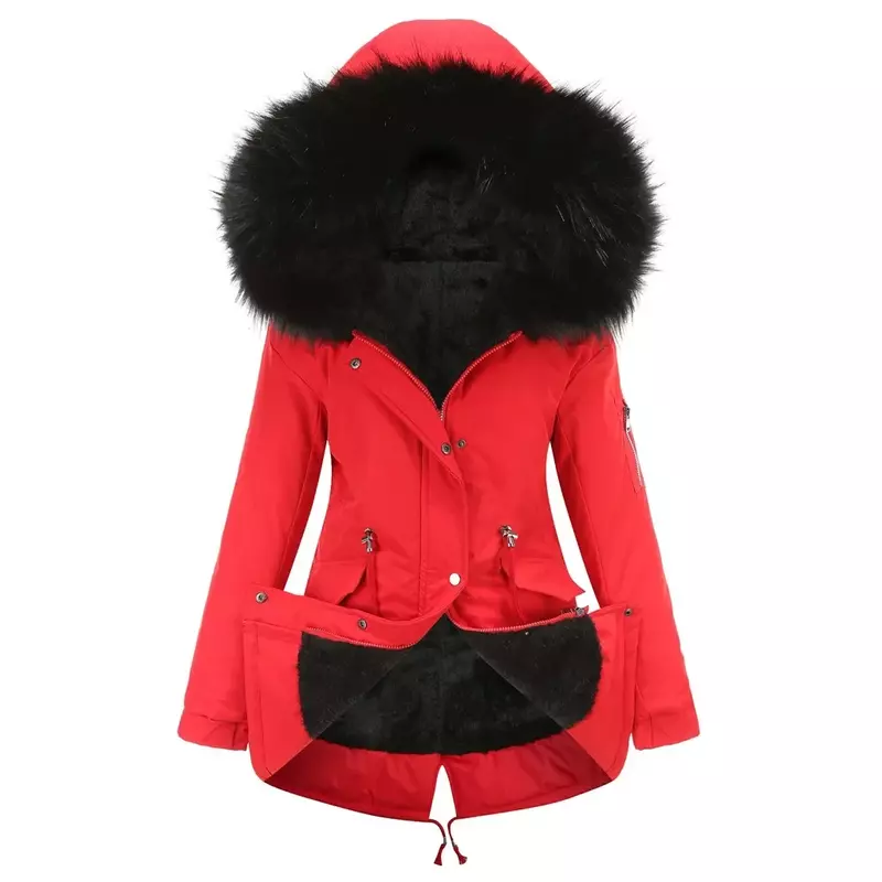 Parker parka mantel panjang berkerudung, jaket parka wanita musim dingin hangat bulu domba Plus pakaian bantalan katun Plus 2023