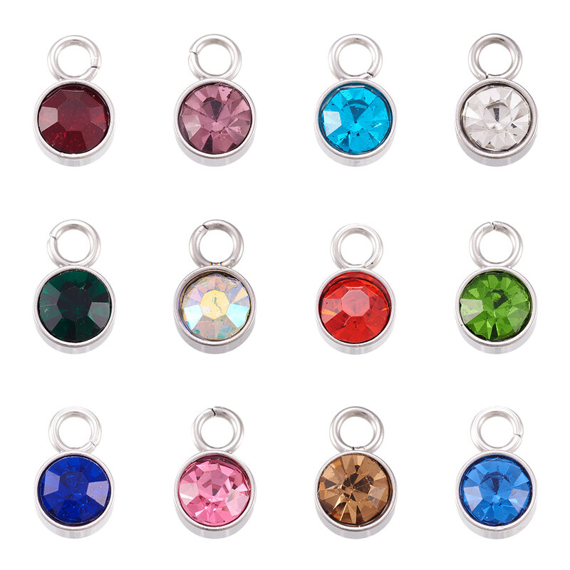 24Pcs 12 Colors Glass Rhinestone Charms Birthstone Charms Pendant with 201 Stainless Steel Findings for Jewelry Making DIY Craft