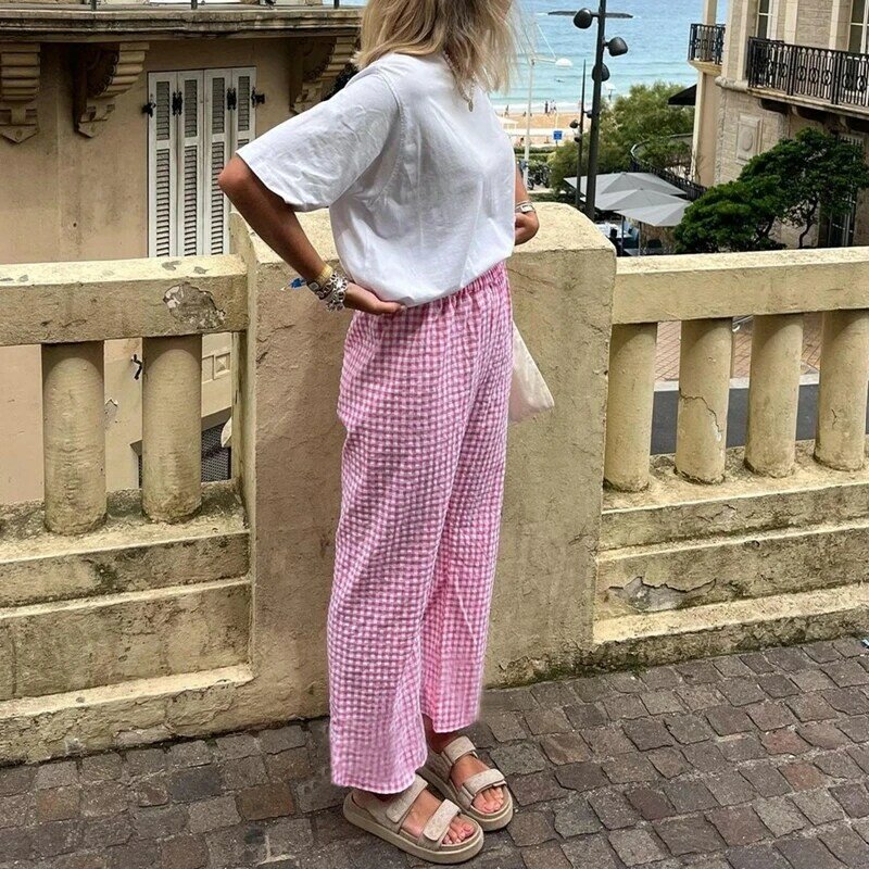 Women Y2K Gingham Print Pants Elastic Waist Dreawstring Wide Leg Trousers Checkered Casual Lounge Pants with Pockets Streetwear