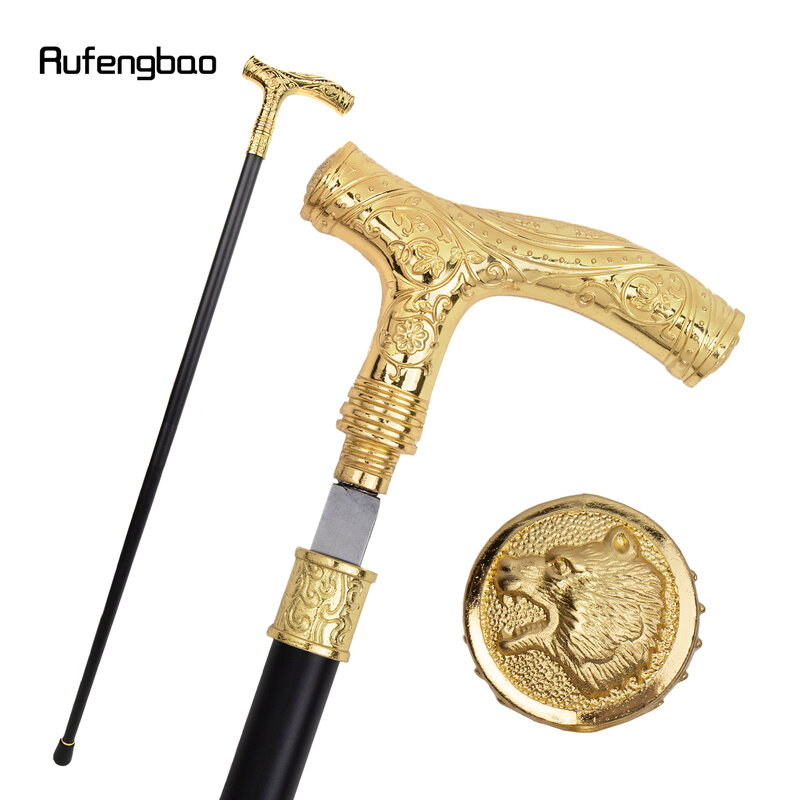 Golden Roaring Bear Head Flower Single Joint Walking Stick with Hidden Plate Self Defense Fashion Cane  Cosplay Crosier 93cm