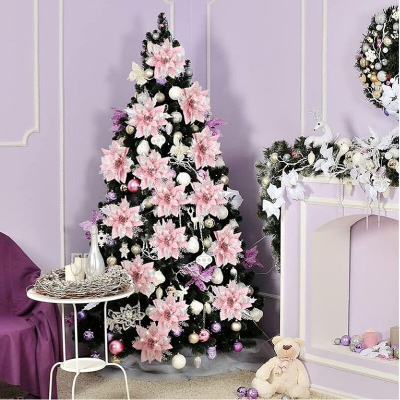 Flores artificiales con purpurina para decoración de árbol de Navidad, adornos de Feliz Año Nuevo, 10/5/1 piezas, 14,5 cm