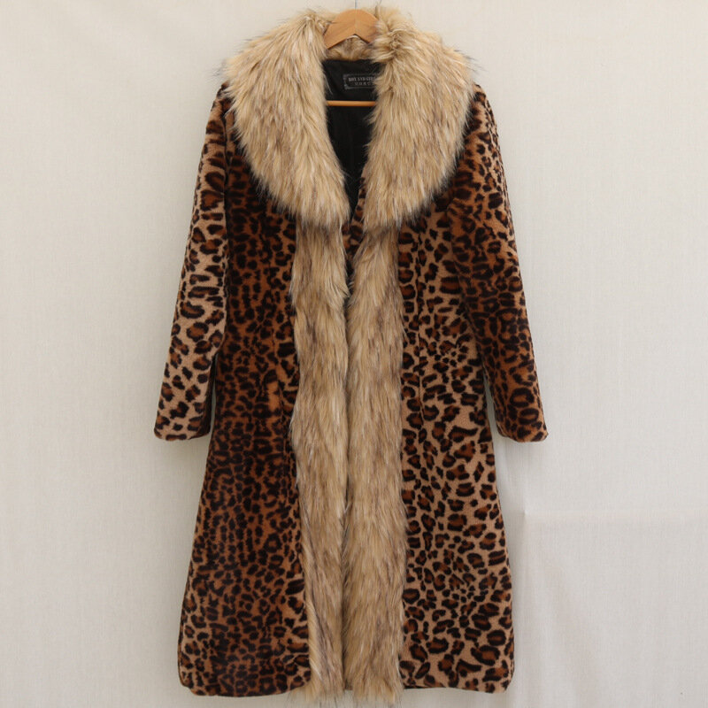 Leopard Fur Coat Women 2024 Winter Thicken Faux Fox Fur Collar Cardigan Long Jacket Warm Fluffy Overcoat Manteau Femme Hiver
