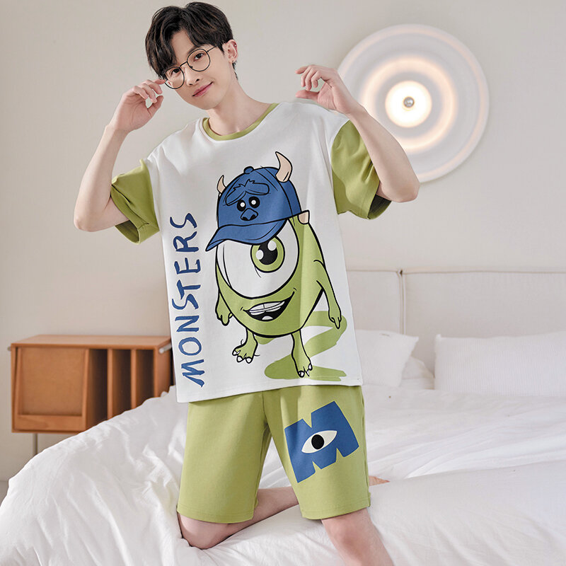 2024 Summer Men's Pajamas Sets Knitted Cotton Cartoon Shorts Loose Pijamas For Sleeping Fashion Mens Sleepwear Students Homewear