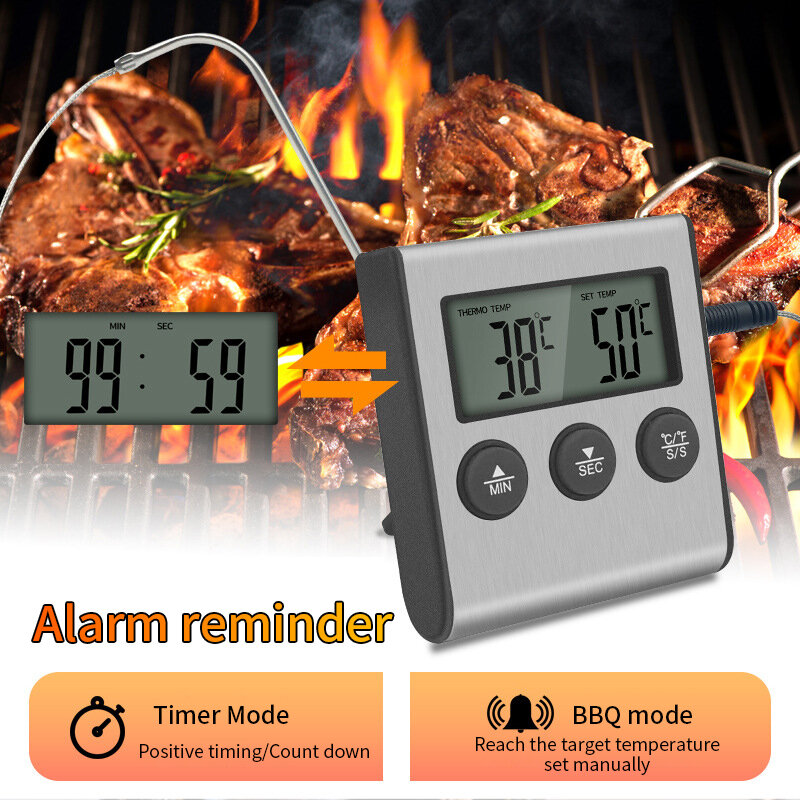 Dapur Digital Termometer Memasak Suhu Makanan Daging untuk Oven BBQ Grill Fungsi Timer dengan Probe Meteran Panas untuk Memasak