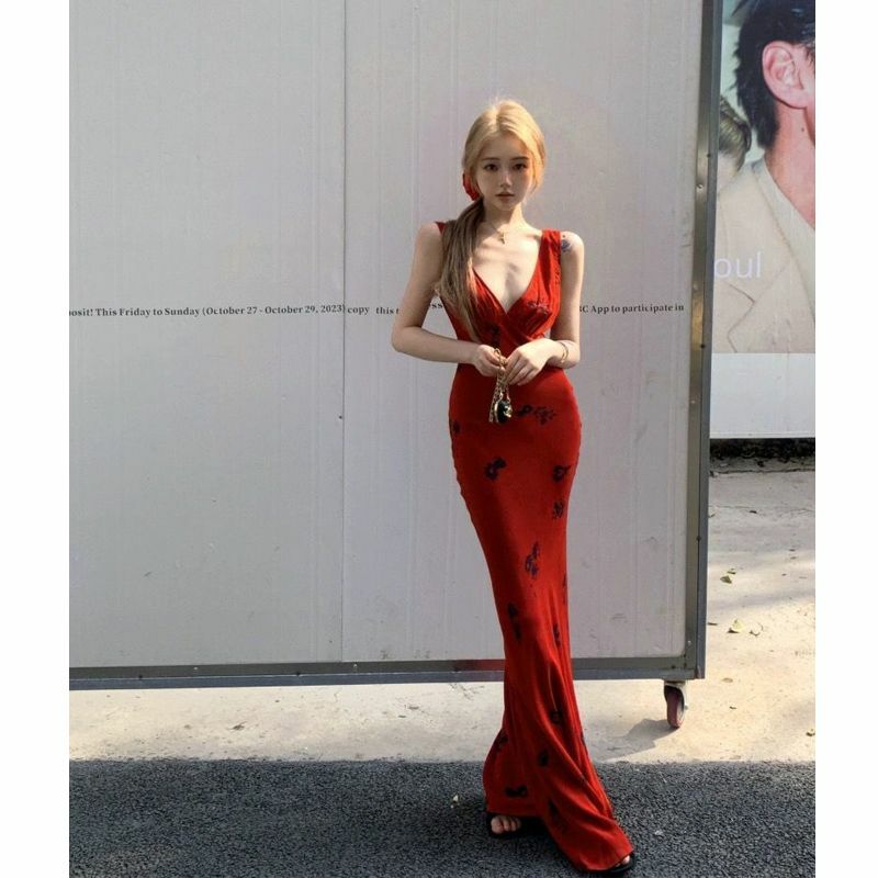 Jupe imprimée à bretelles rouges de style rétro pour femmes, robe d'été à col en V, coupe couvertes, taille ronde, fesses