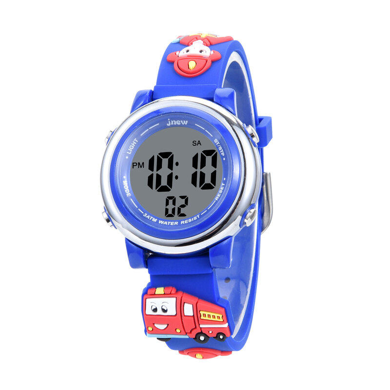 Uthai นาฬิกาข้อมือ LED สำหรับเด็ก, 3ATM Jam Tangan Digital อิเล็กทรอนิกส์รูปการ์ตูนนักผจญเพลิงกันน้ำนาฬิกาปลุก