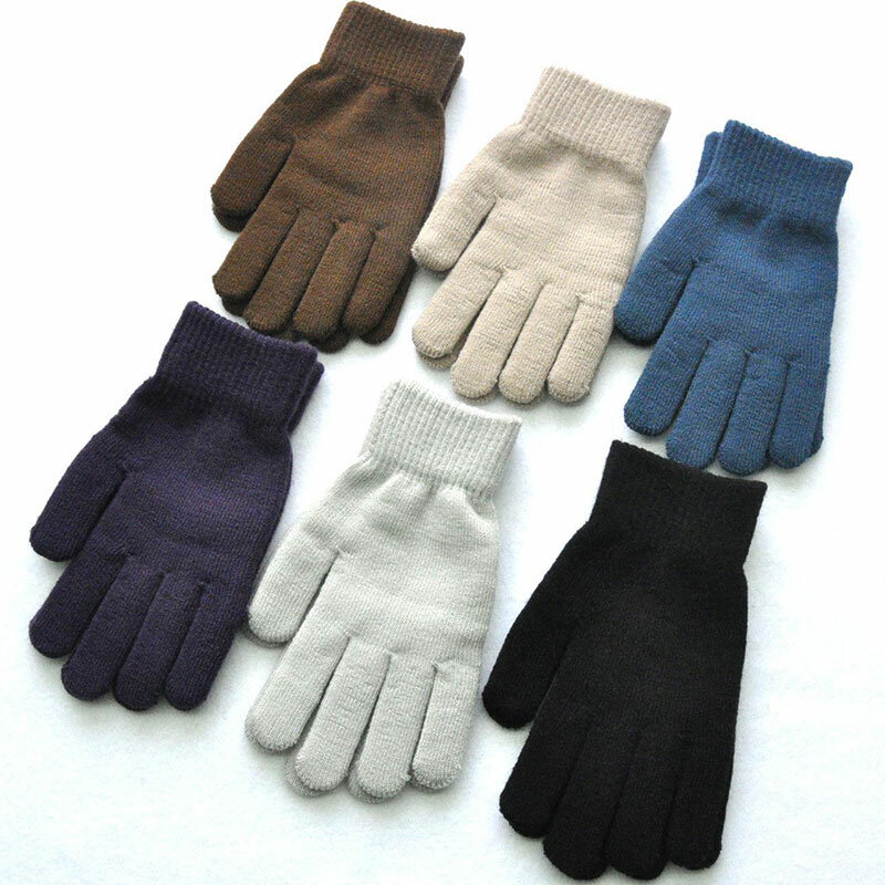 Guantes de lana de punto para hombre y mujer, manoplas de dedo completo de Color sólido, calentador de manos, guantes gruesos para ciclismo, 1 par