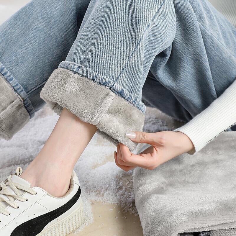 Celana panjang Denim pinggang tinggi wanita, Jeans beludru musim dingin gaya Korea, celana panjang Denim pinggang tinggi netral kaki lebar elastis
