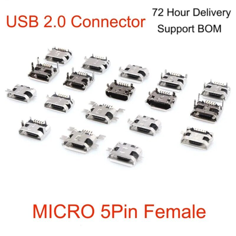 Micro USB Connector Jack Porta de carregamento, Mini soquete, fêmea plana, SMT completa, transmissão de dados, 5Pin, 8Pcs