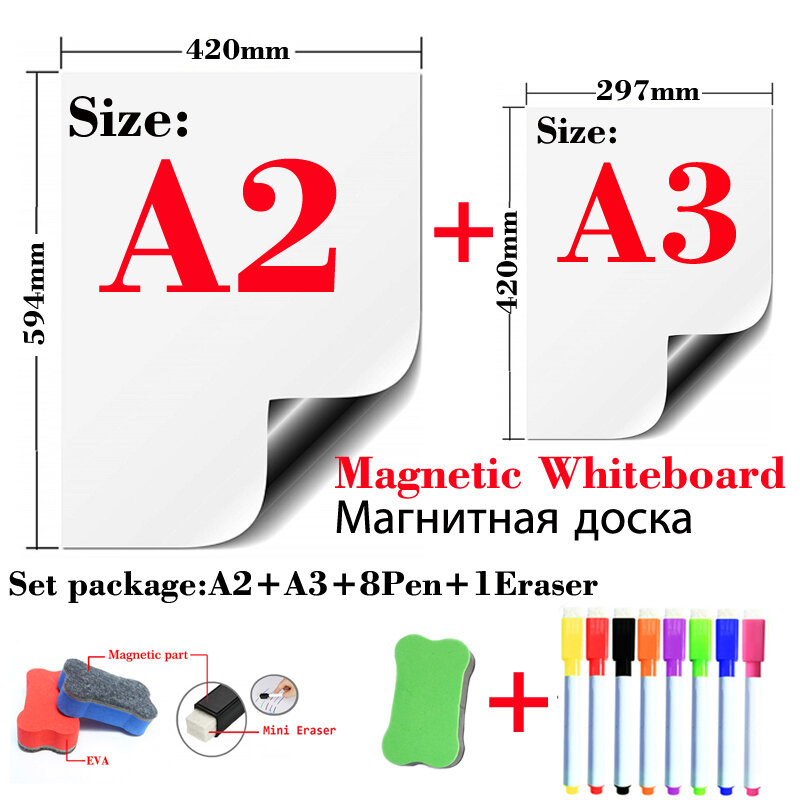 A2 + A3แพคเกจกระดานไวท์บอร์ดแม่เหล็กแม่เหล็กติดตู้เย็นเด็กวาดข้อความสีขาวจาก Bulletin Board