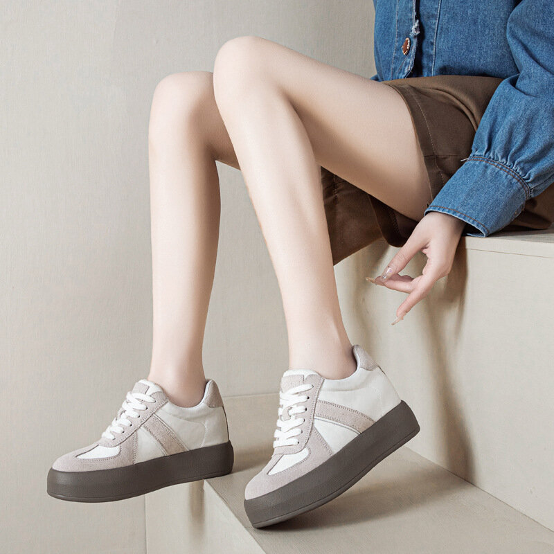 Fujin รองเท้าแพลตฟอร์มรองเท้าหนังแท้สตรีหนังนิ่มสังเคราะห์สำหรับสตรีขนาด7ซม. รองเท้าผ้าใบทรงหนาและมีแบรนด์สูง