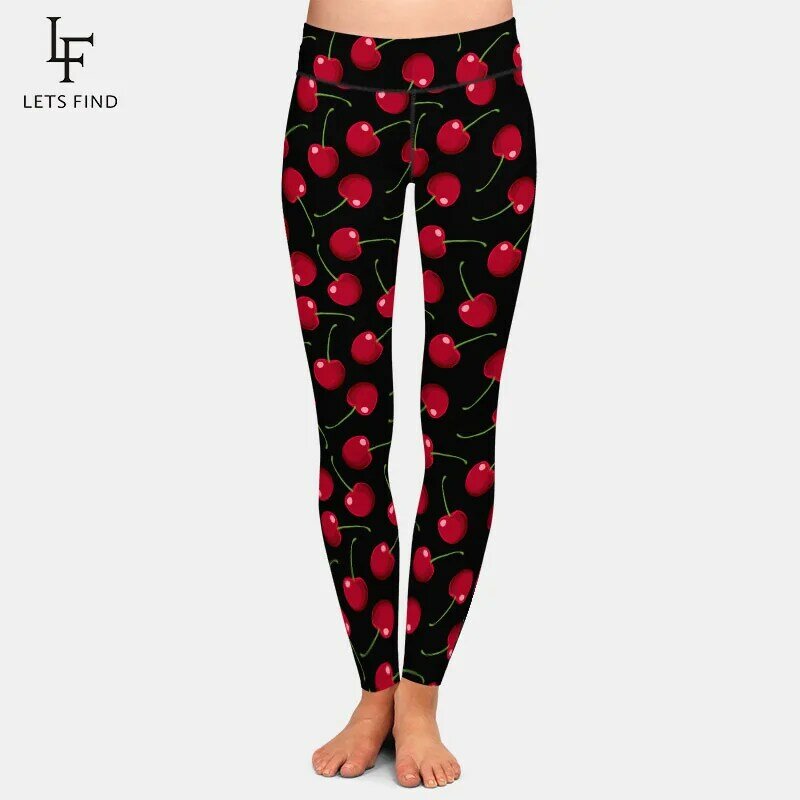 LETSFIND moda nowość owoce drukuj czerwone wiśnie druk cyfrowy kobiety legginsy wysokiej talii miękkie dopasowane legginsy do fitnessu