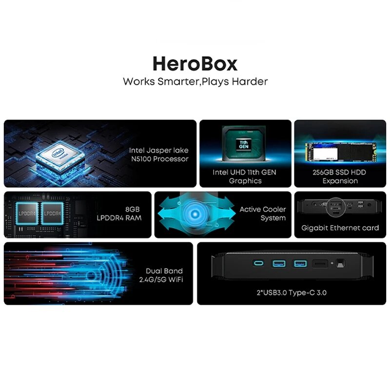 CHUWI-Herobox Mini Gaming PC, Jogo Intel N100, janelas 11, 8GB RAM, 256GB SSD, 2.4G, 5G WiFi, 6 Computador Desktop