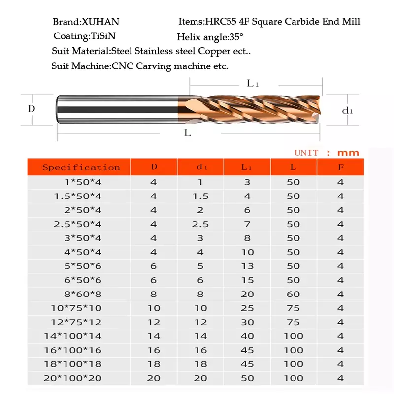 HRC55 Carbide End Mill 1 2 4 5 6 8 10 12Mm 4 Seruling Milling Cutter Alloy Coating Tungsten Steel Cutting Tool CNC Maching Endmills