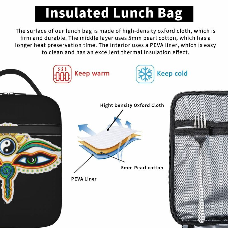 حقيبة غداء معزولة بعيون البودا ، يين يانغ ، اللوتس ، رمز الزهرة ، صندوق الحكمة والتنوير ، حقيبة حمل الطعام