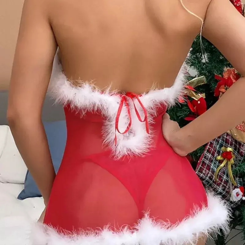 Wanita jaring Natal menggantung leher bertali rok piyama seksi pakaian dalam menyenangkan wanita Set Lingerie Lenceria Femenina