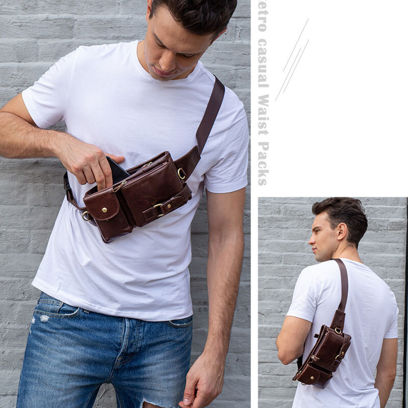 Casual Genuine Leather Man Waist Pack Fanny Pack Belt Bag Phone Pouch Sporty Small Crossbody Bag Travel Chest Pack for Biker
