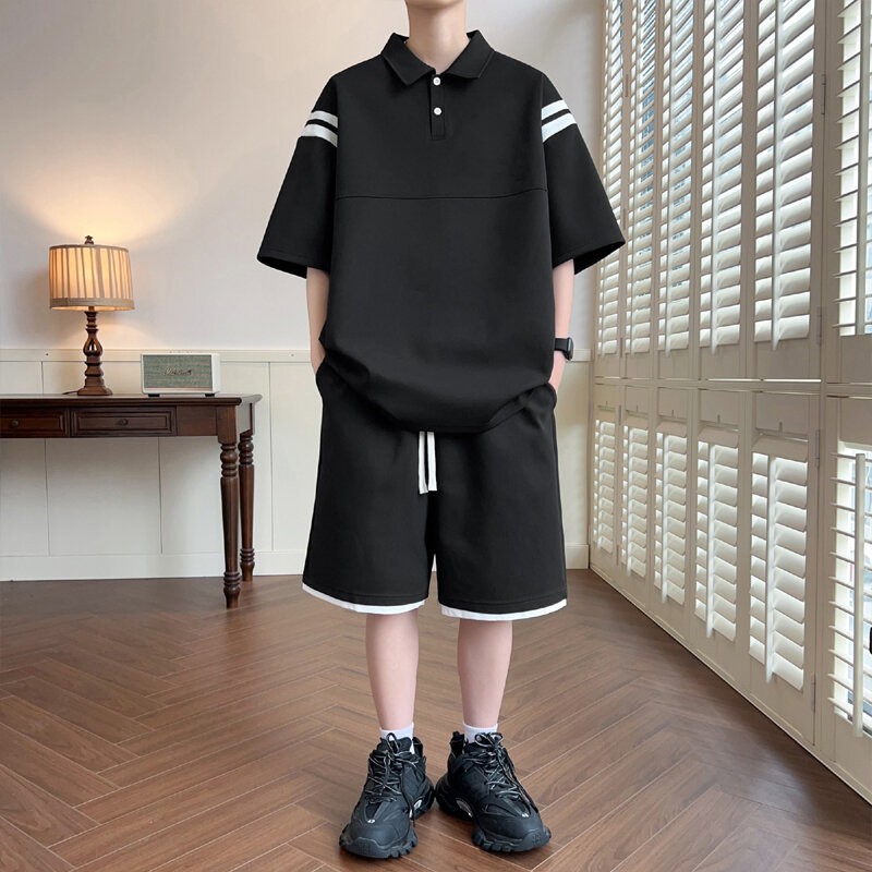 2024 Summer Mens Casual set Polo manica corta + pantaloncini elastici in vita 2 pezzi tuta da uomo Streetwear Top allentato Tee Suit