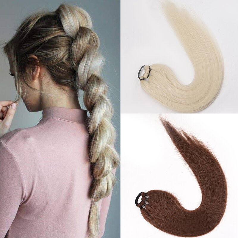 Synthetic Ponytail Boxing Braid Extensions Wrap Around Ponytail With Rubber Band DIY 26 Inch Ombre Black Brown Grey