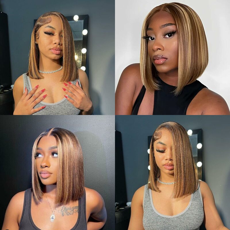 Ombre 4/27 Honey Blonde Highlight Lace Front Wig Human Hair Bob Wig 180% Density 13x4 HD Lace Front Wigs Human Hair