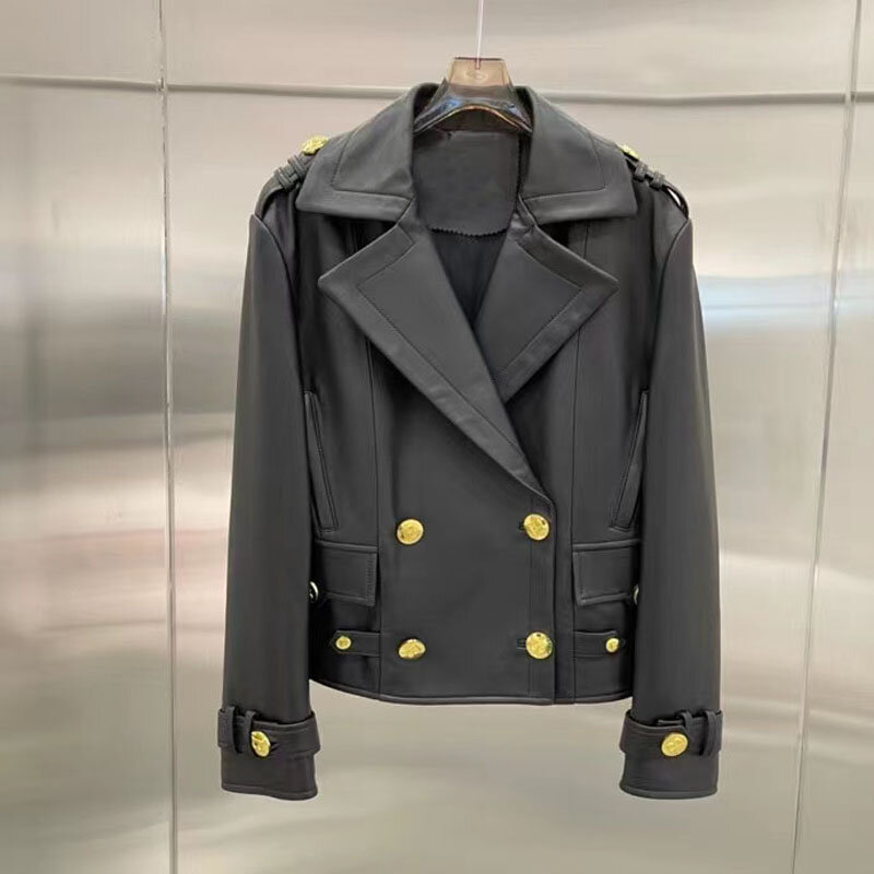 Veste en cuir véritable pour femme, manteau court de printemps, modèle Locomotive à la mode, boutons décoratifs en peau de mouton importés, 2022