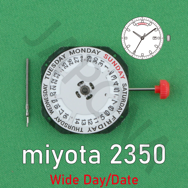 Movimento padrão Miyota com exibição de dia e data, 2350 Grande variedade de tamanhos e posições de data do dia disponíveis