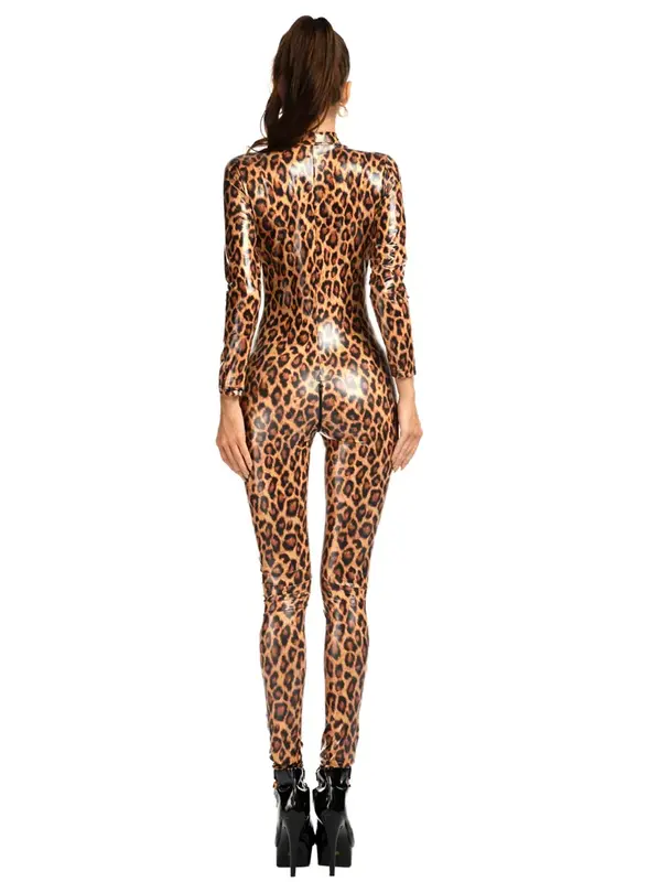 Macacão de couro envernizado lustroso com estampa leopardo feminino, manga comprida fina, zíper frontal, crotch aberto, macacão feminino, calça lápis, moda