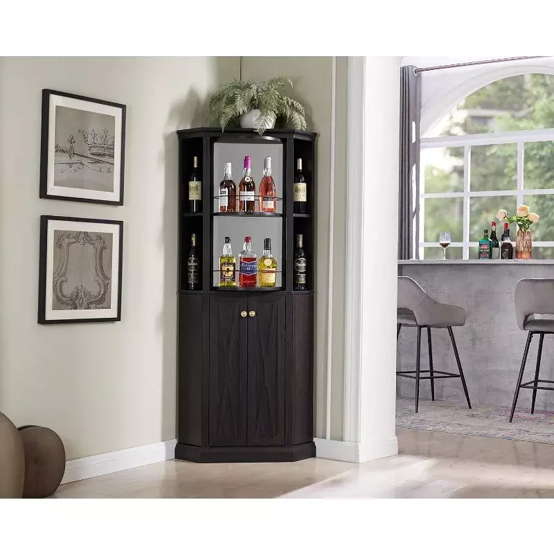 خزانة بار زاوية متعددة الاستخدامات مع تخزين نبيذ ، ارتفاع رف قابل للتعديل ، 6 زجاجات رف النبيذ ، رف ستيمواري ،